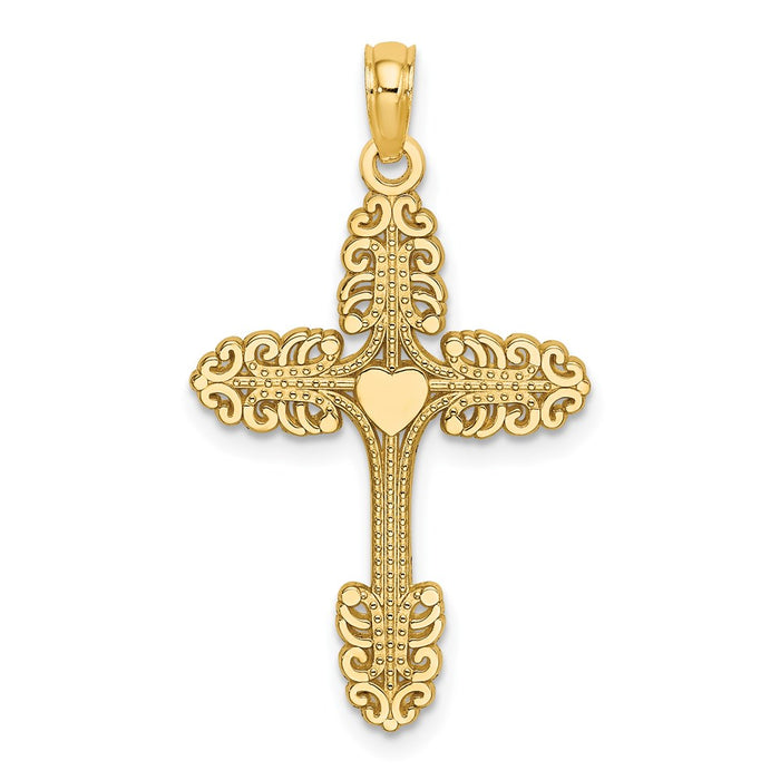 Million Charms 14K Yellow Gold Themed Multi-Scalloped Tipped Relgious Cross With Heart Center Charm