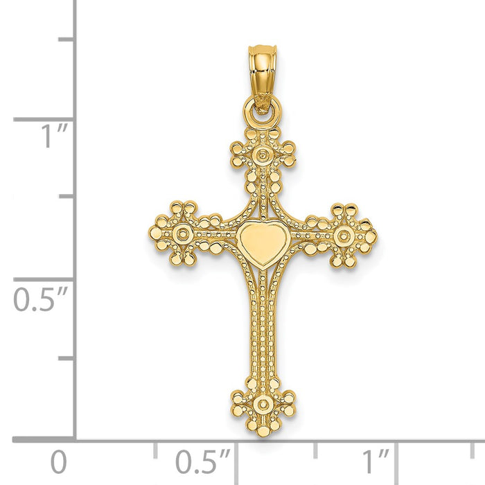 Million Charms 14K Yellow Gold Themed Beaded Tip Relgious Cross With Heart Center Charm