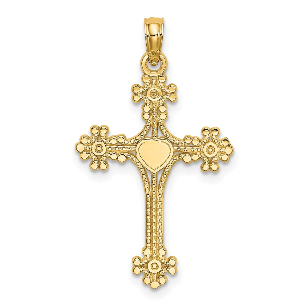 Million Charms 14K Yellow Gold Themed Beaded Tip Relgious Cross With Heart Center Charm