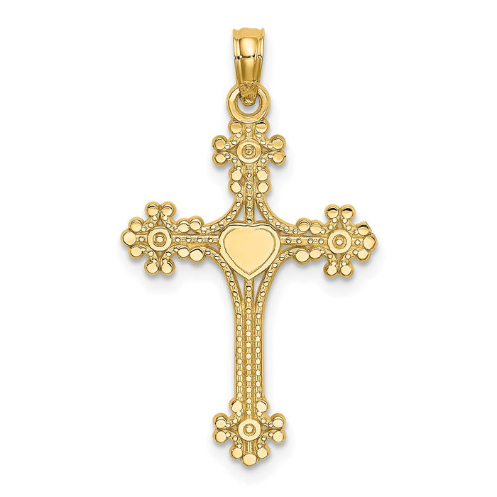 Million Charms 14K Yellow Gold Themed Beaded Tip Relgious Cross With Heart Center Charm