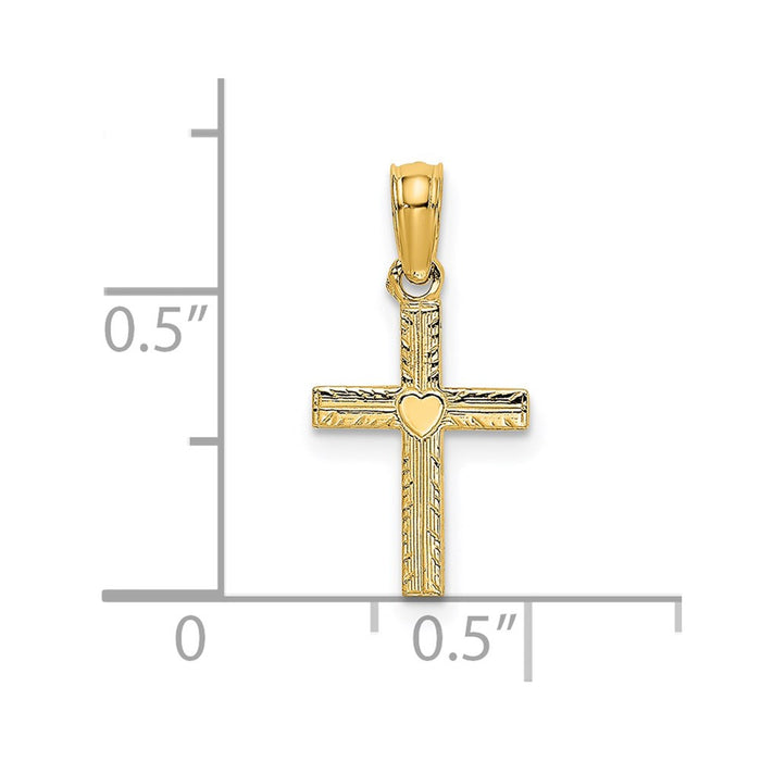 Million Charms 14K Yellow Gold Themed Polished Mini Relgious Cross With Heart Charm