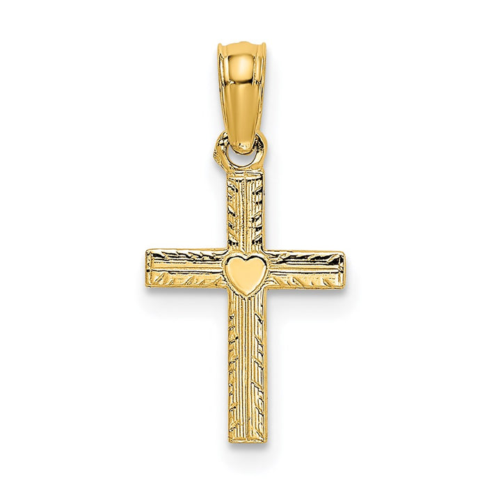 Million Charms 14K Yellow Gold Themed Polished Mini Relgious Cross With Heart Charm