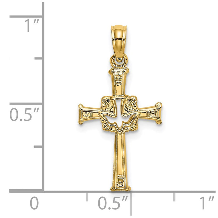 Million Charms 14K Yellow Gold Themed Polished & Engraved Relgious Cross & Dove Charm