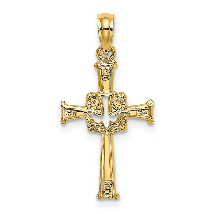 Million Charms 14K Yellow Gold Themed Polished & Engraved Relgious Cross & Dove Charm