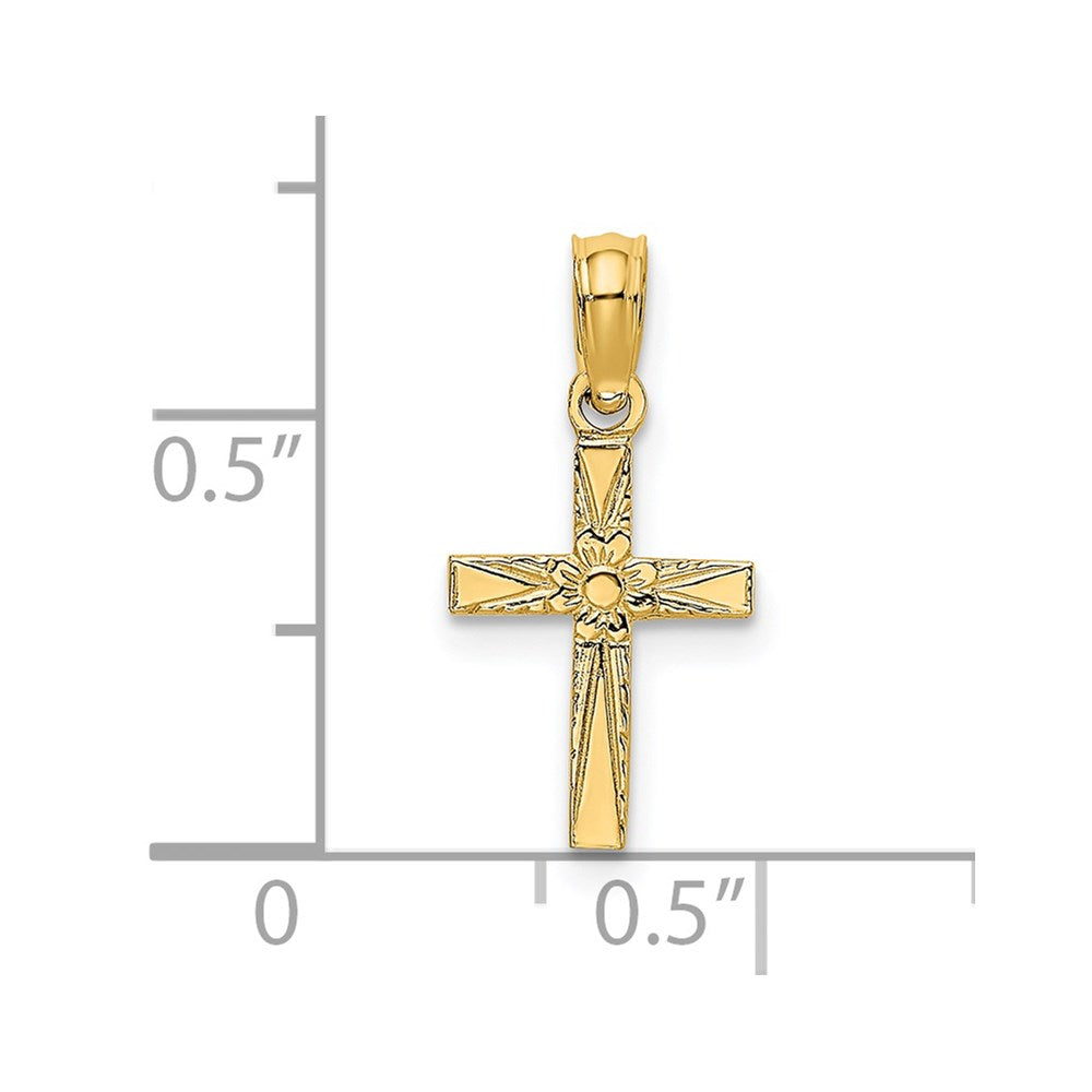 Million Charms 14K Yellow Gold Themed Polished & Engraved Mini Relgious Cross With Flower Charm