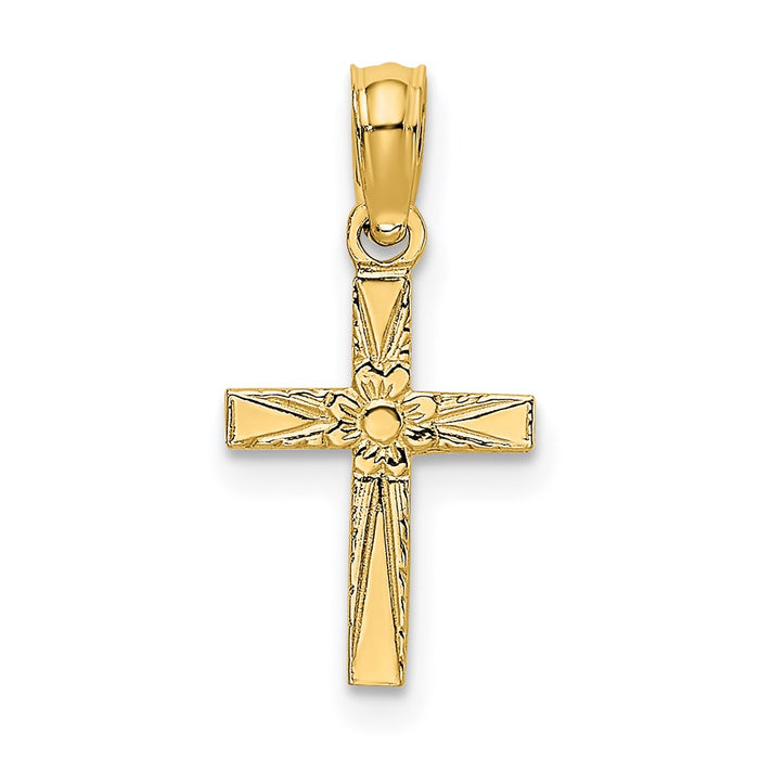 Million Charms 14K Yellow Gold Themed Polished & Engraved Mini Relgious Cross With Flower Charm