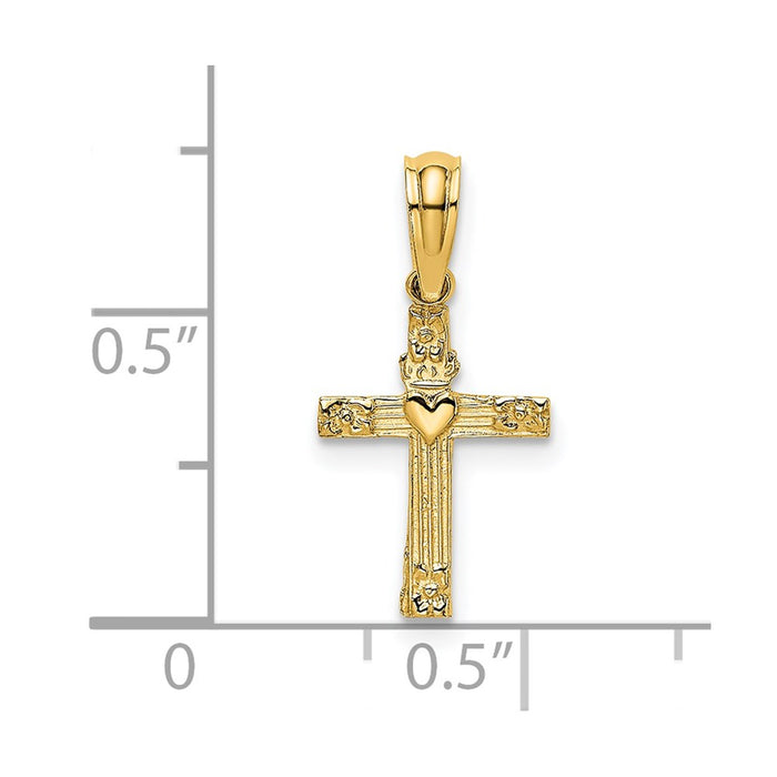 Million Charms 14K Yellow Gold Themed Textured Mini Relgious Cross With Heart Charm