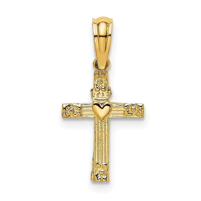 Million Charms 14K Yellow Gold Themed Textured Mini Relgious Cross With Heart Charm