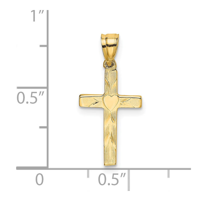 Million Charms 14K Yellow Gold Themed Polished & Engraved Relgious Cross With Heart Center Charm