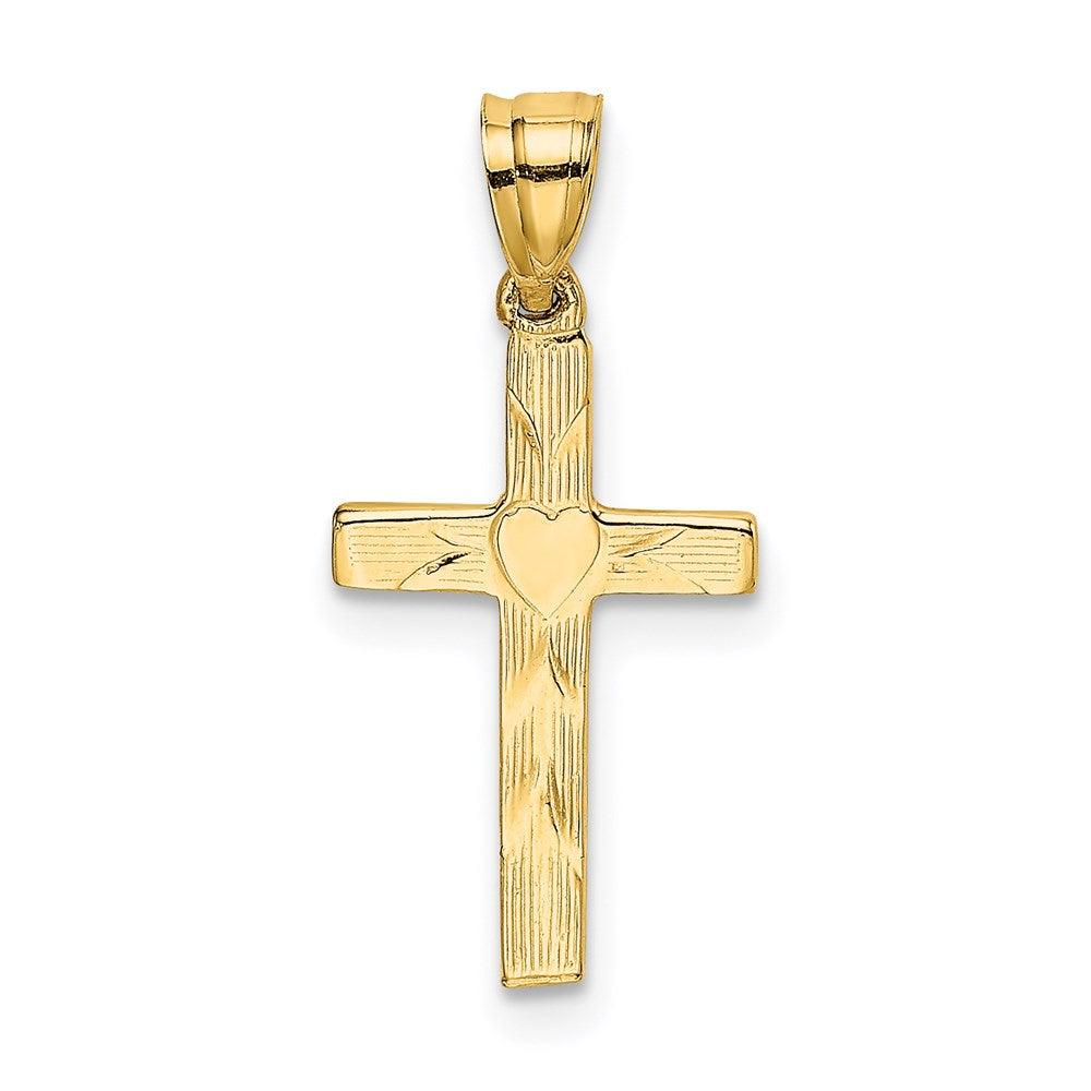 Million Charms 14K Yellow Gold Themed Polished & Engraved Relgious Cross With Heart Center Charm