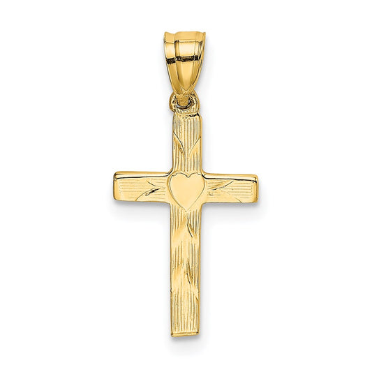 Million Charms 14K Yellow Gold Themed Polished & Engraved Relgious Cross With Heart Center Charm