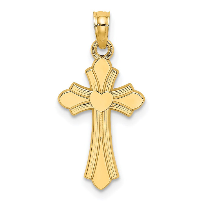 Million Charms 14K Yellow Gold Themed Polished Relgious Cross With Heart Charm