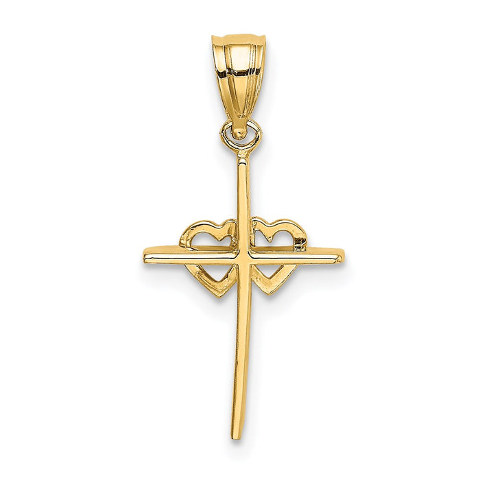 Million Charms 14K Yellow Gold Themed Polished Double Hearts On Stick Relgious Cross Charm