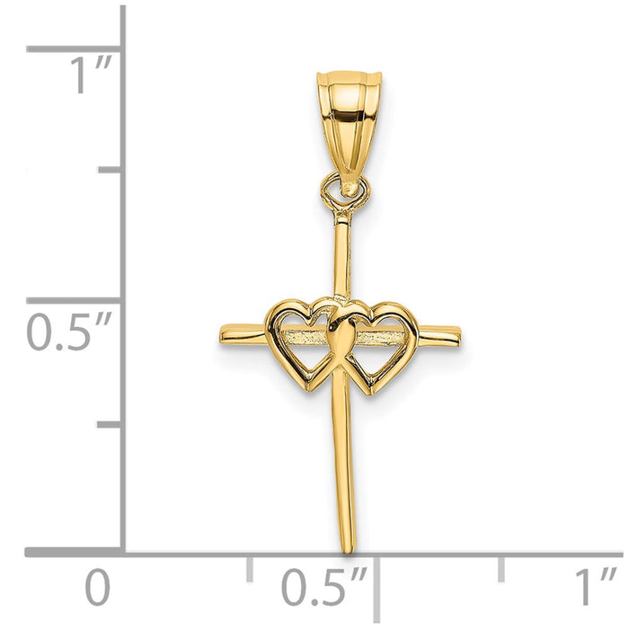 Million Charms 14K Yellow Gold Themed Polished Double Hearts On Stick Relgious Cross Charm