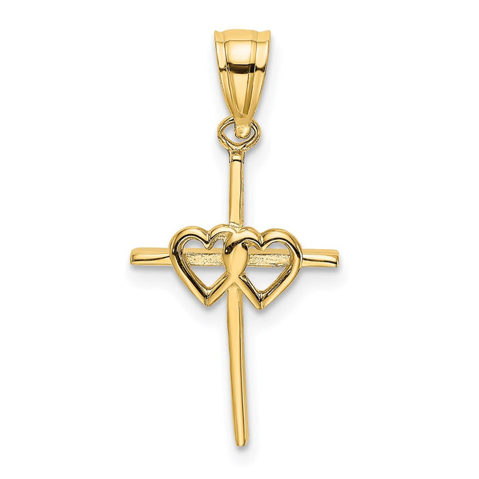 Million Charms 14K Yellow Gold Themed Polished Double Hearts On Stick Relgious Cross Charm