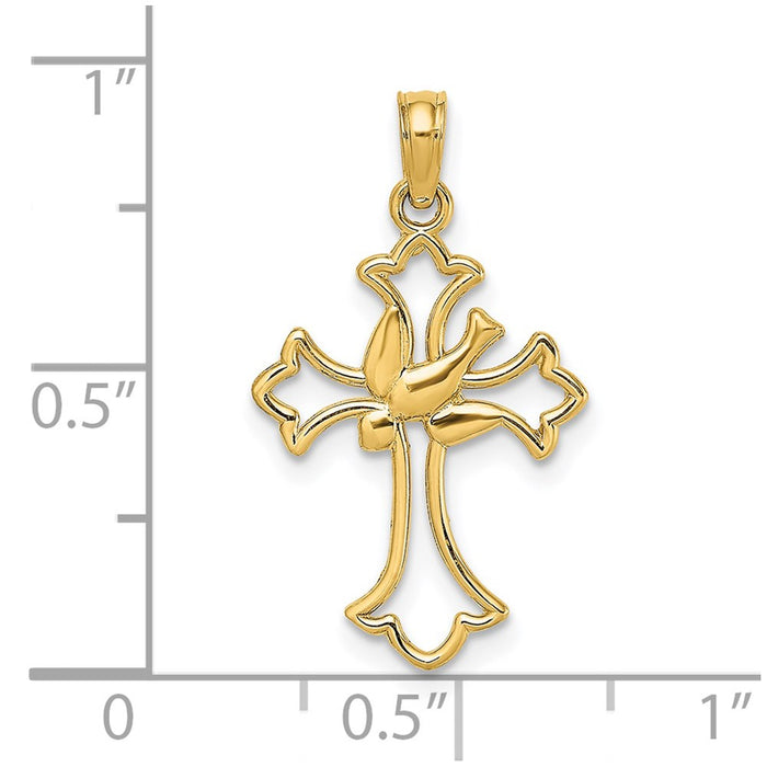Million Charms 14K Yellow Gold Themed Cut-Out Dove Center Relgious Cross Charm