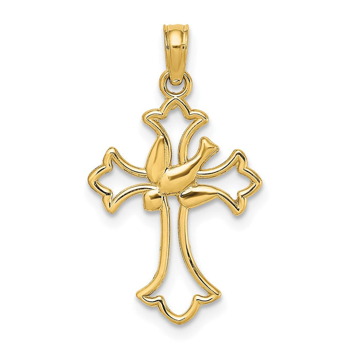 Million Charms 14K Yellow Gold Themed Cut-Out Dove Center Relgious Cross Charm