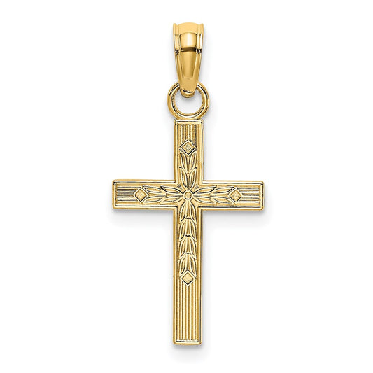 Million Charms 14K Yellow Gold Themed Textured Center Block Relgious Cross Charm