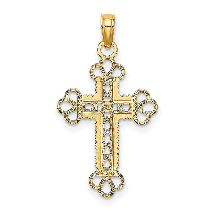 Million Charms 14K Yellow Gold Themed Textured & Cut-Out With Rope Frame Block Relgious Cross Charm