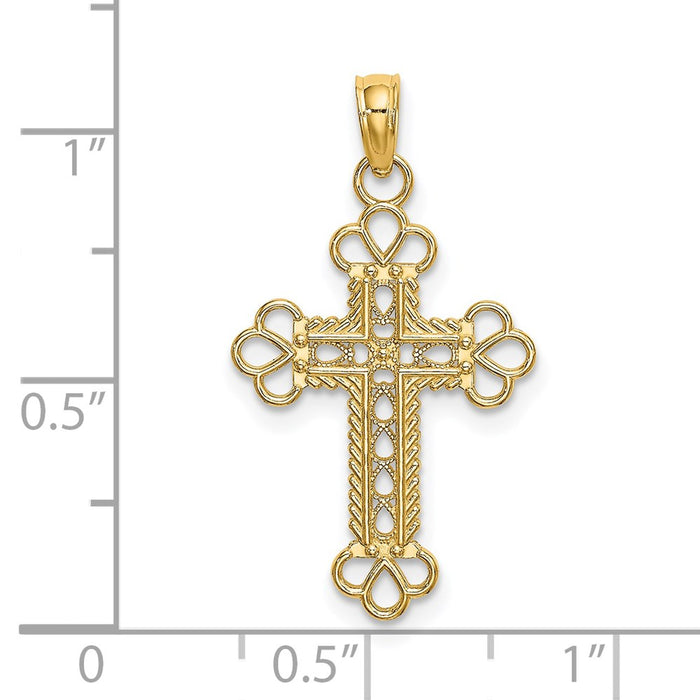 Million Charms 14K Yellow Gold Themed Textured & Cut-Out With Rope Frame Block Relgious Cross Charm
