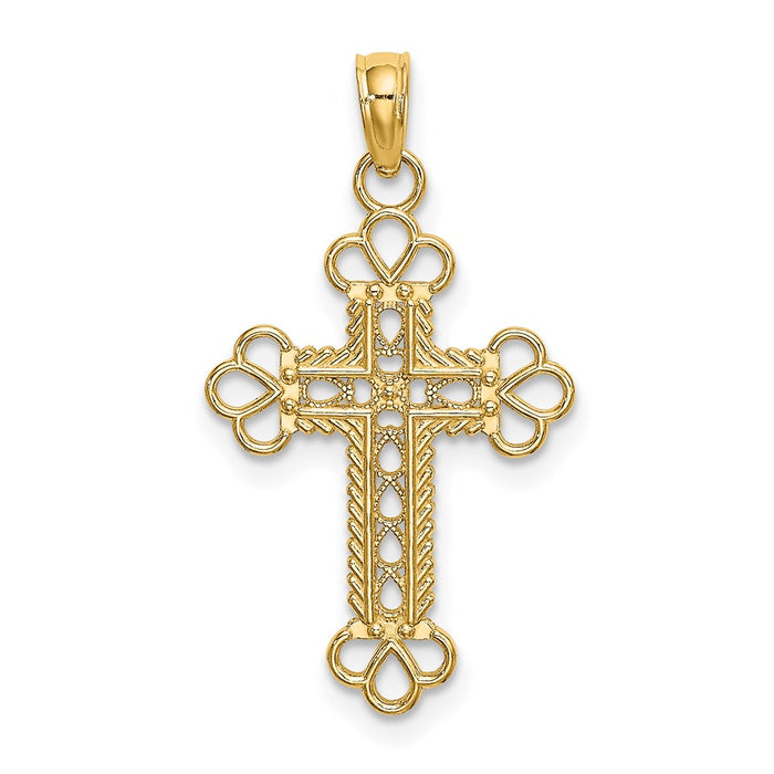 Million Charms 14K Yellow Gold Themed Textured & Cut-Out With Rope Frame Block Relgious Cross Charm