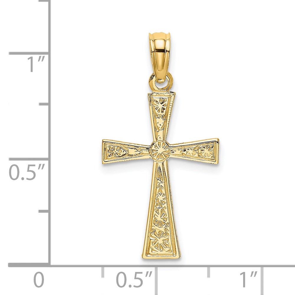 Million Charms 14K Yellow Gold Themed Engraved Relgious Cross With Flared Tips Charm