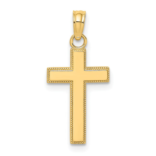 Million Charms 14K Yellow Gold Themed Polished & Block Style Beaded Edge Relgious Cross Charm