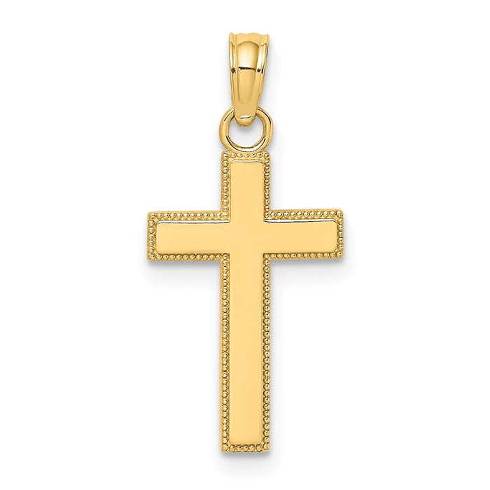 Million Charms 14K Yellow Gold Themed Polished & Block Style Beaded Edge Relgious Cross Charm