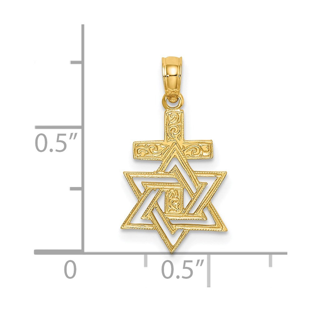 Million Charms 14K Yellow Gold Themed Polished & Engraved Religious Jewish Star Of David & Relgious Cross Charm