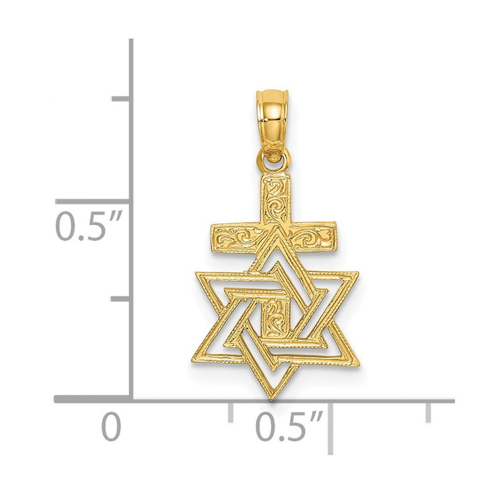 Million Charms 14K Yellow Gold Themed Polished & Engraved Religious Jewish Star Of David & Relgious Cross Charm