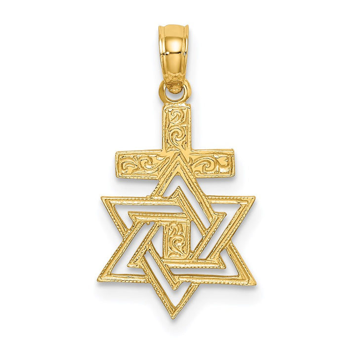 Million Charms 14K Yellow Gold Themed Polished & Engraved Religious Jewish Star Of David & Relgious Cross Charm