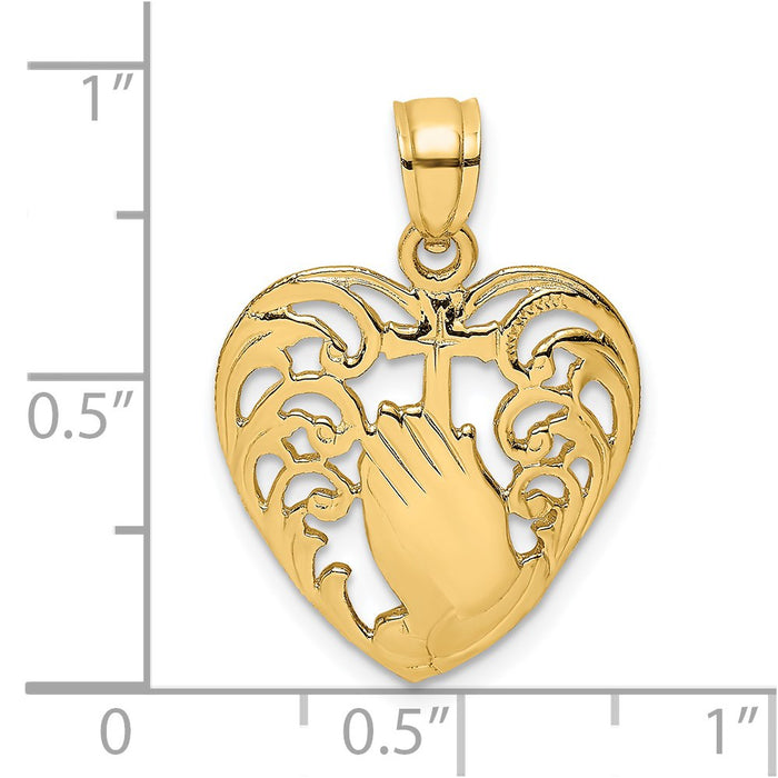 Million Charms 14K Yellow Gold Themed 2-D Polished Praying Hands & Relgious Cross In Heart Charm