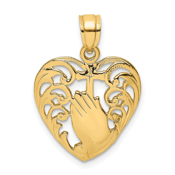 Million Charms 14K Yellow Gold Themed 2-D Polished Praying Hands & Relgious Cross In Heart Charm