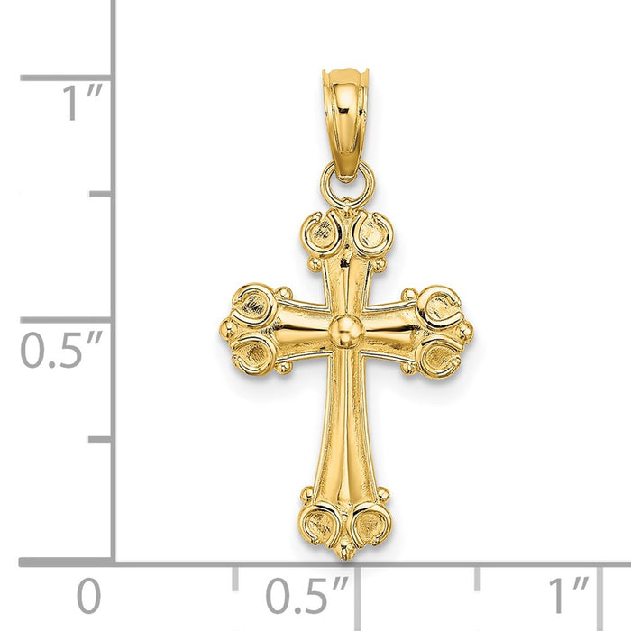 Million Charms 14K Yellow Gold Themed Relgious Cross With Scroll Tips & Button Center Charm
