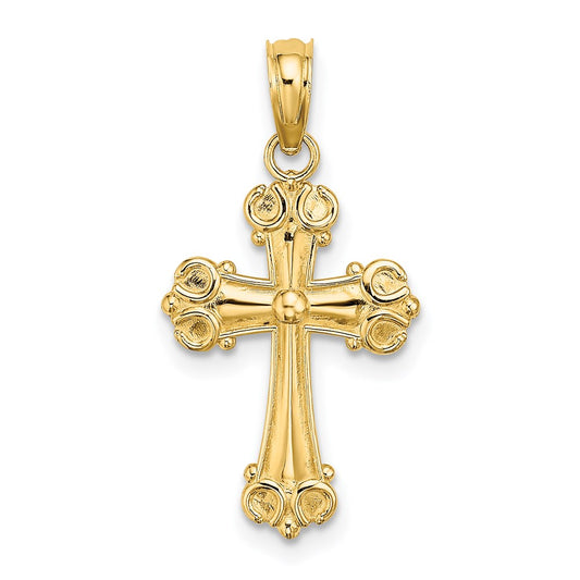 Million Charms 14K Yellow Gold Themed Relgious Cross With Scroll Tips & Button Center Charm