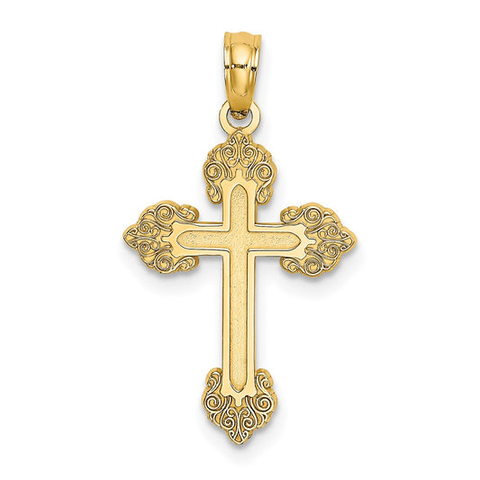 Million Charms 14K Yellow Gold Themed Polished & Textured Fancy Relgious Cross Charm