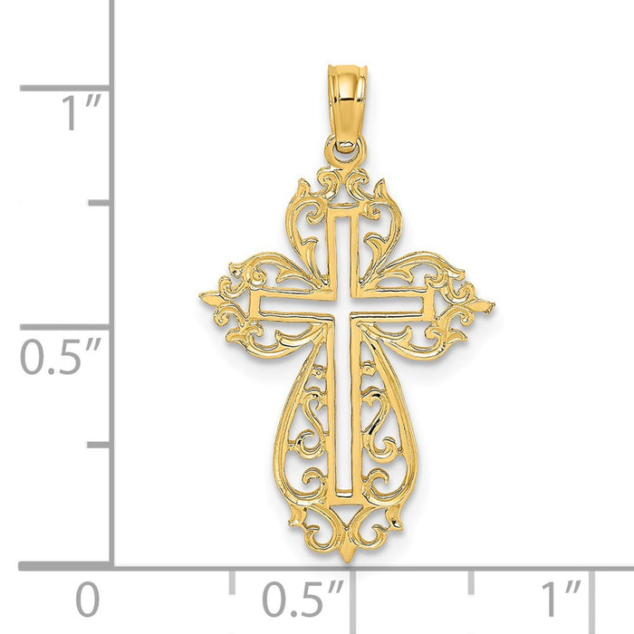 Million Charms 14K Yellow Gold Themed Cut-Out Scroll Framed Relgious Cross Charm