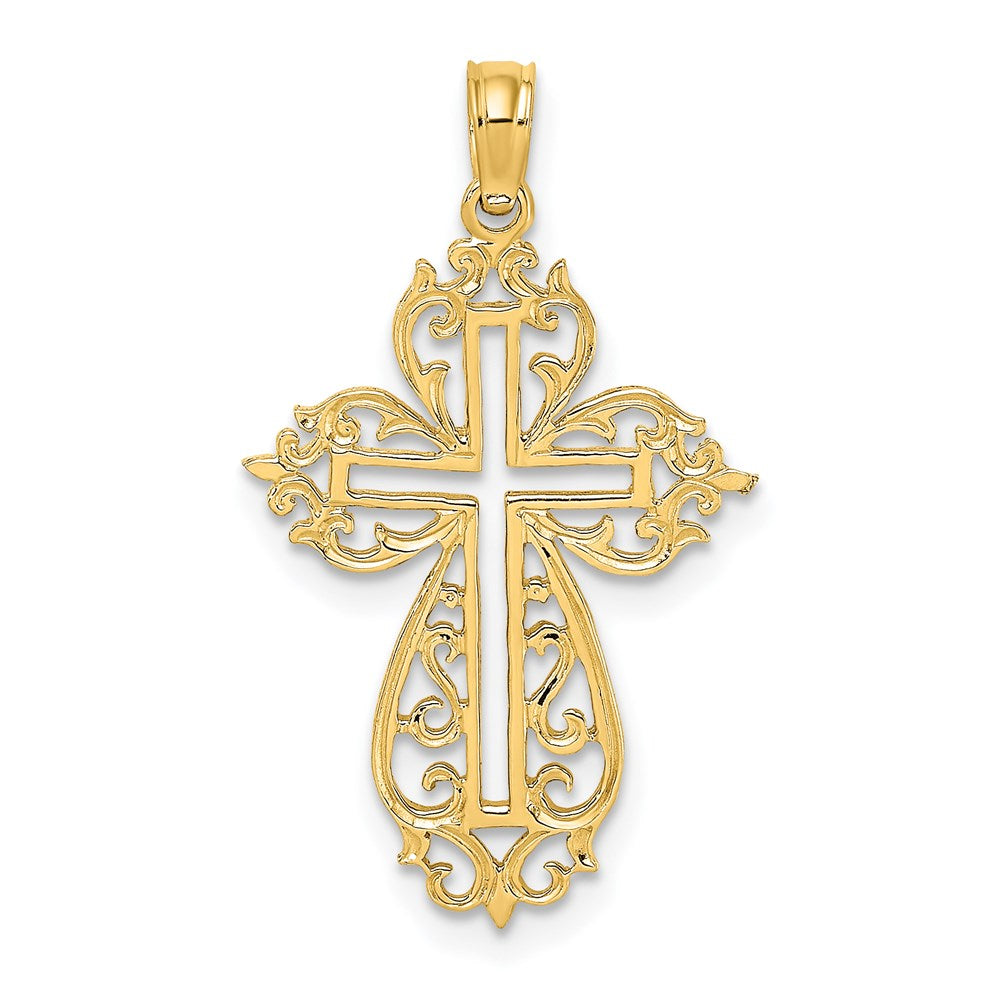 Million Charms 14K Yellow Gold Themed Cut-Out Scroll Framed Relgious Cross Charm