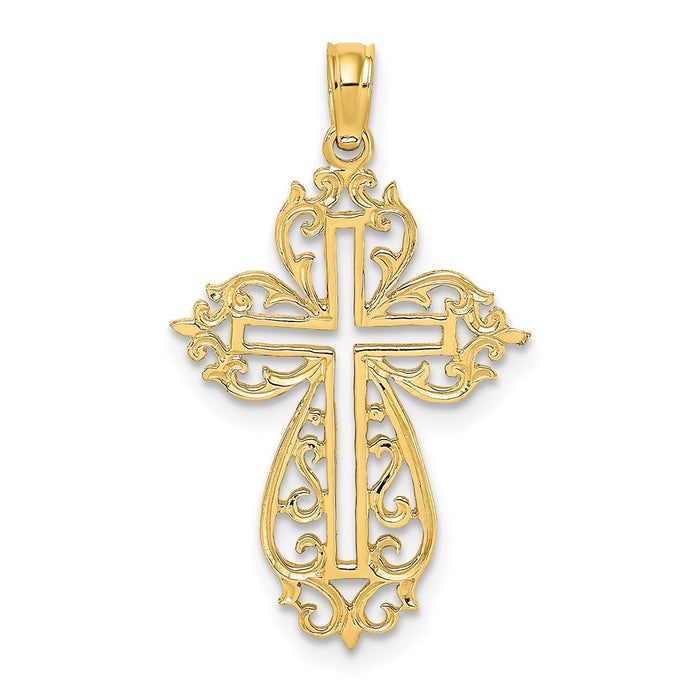 Million Charms 14K Yellow Gold Themed Cut-Out Scroll Framed Relgious Cross Charm