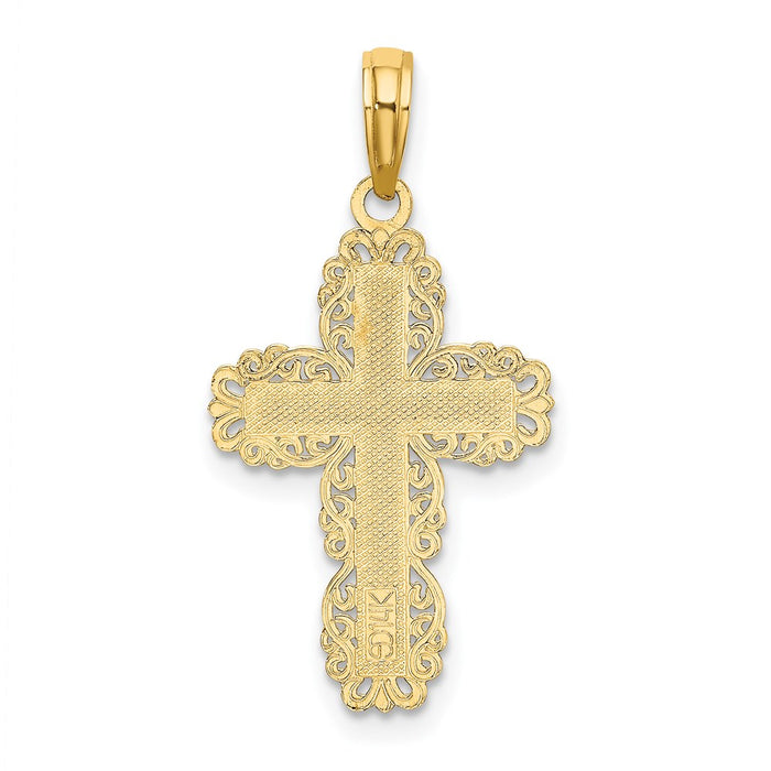 Million Charms 14K Yellow Gold Themed Textured With Lace Trim Relgious Cross Charm