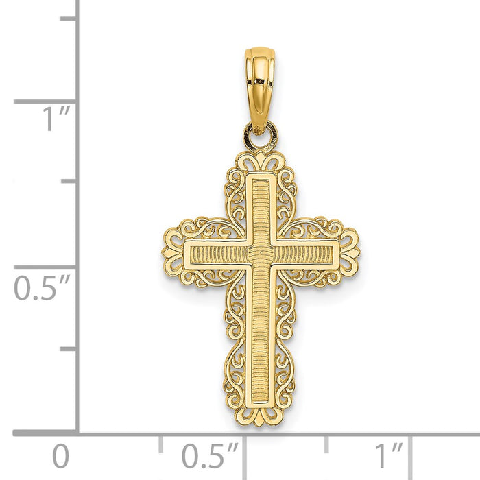 Million Charms 14K Yellow Gold Themed Textured With Lace Trim Relgious Cross Charm