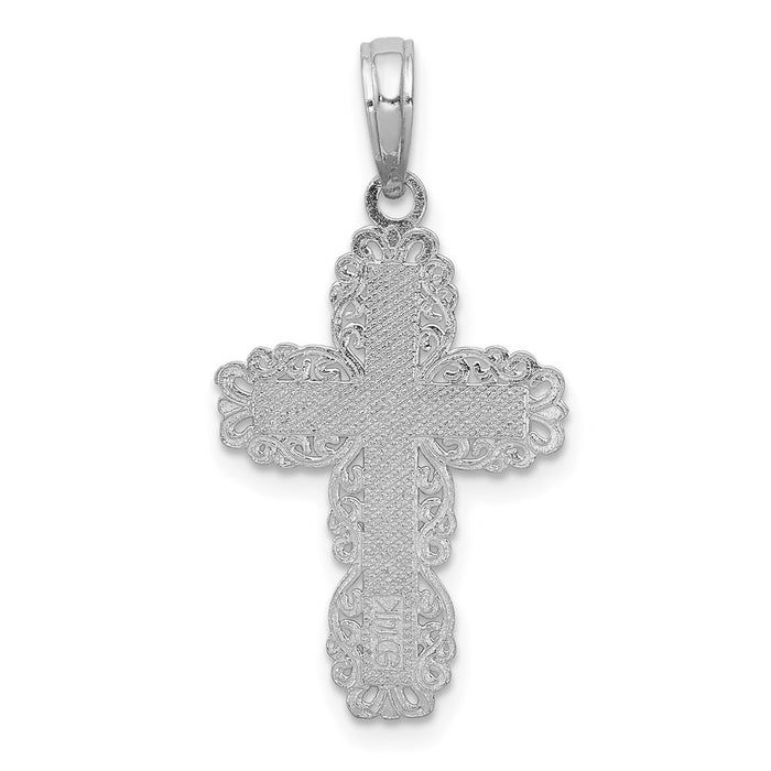 Million Charms 14K White Gold Themed Textured With Lace Trim Relgious Cross Charm