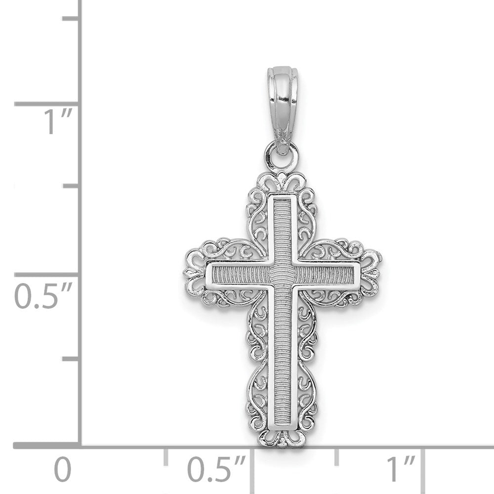 Million Charms 14K White Gold Themed Textured With Lace Trim Relgious Cross Charm