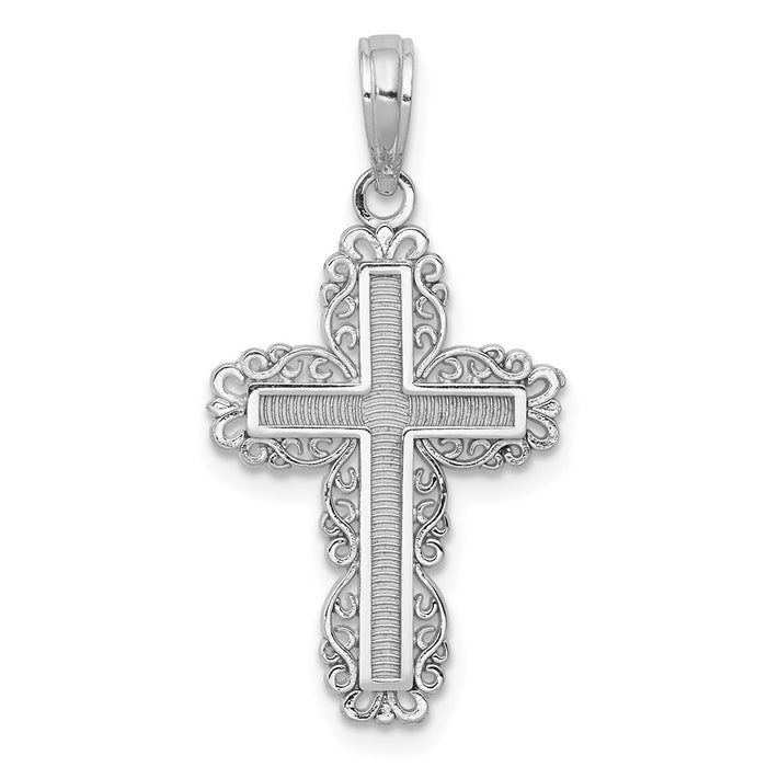 Million Charms 14K White Gold Themed Textured With Lace Trim Relgious Cross Charm