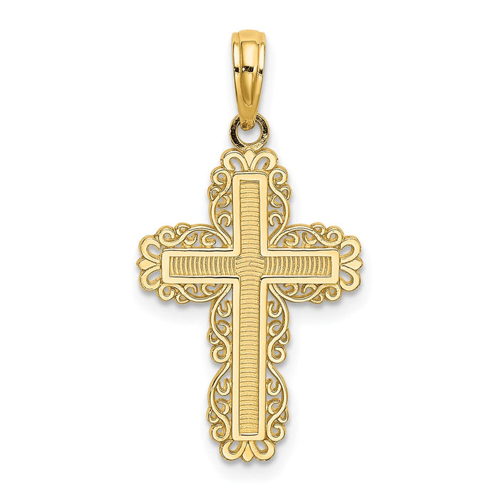 Million Charms 14K Yellow Gold Themed Textured With Lace Trim Relgious Cross Charm