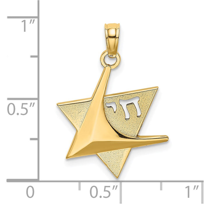 Million Charms 14K Yellow Gold Themed 2-D & Polished Jewish Religious Jewish Star Of David With Chai Charm