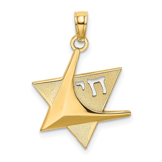 Million Charms 14K Yellow Gold Themed 2-D & Polished Jewish Religious Jewish Star Of David With Chai Charm