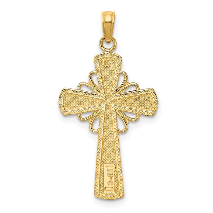 Million Charms 14K Yellow Gold Themed Polished With Beaded Edge & Grid Accent Relgious Cross Charm