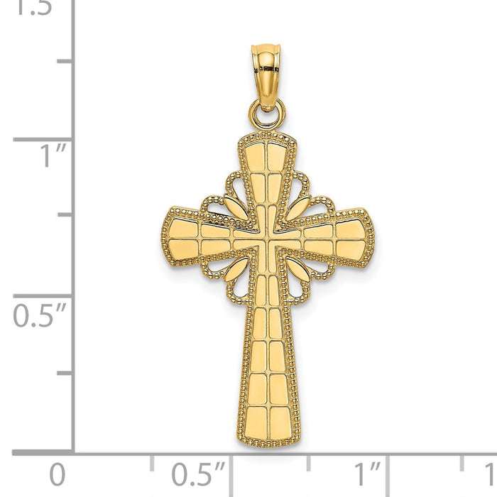 Million Charms 14K Yellow Gold Themed Polished With Beaded Edge & Grid Accent Relgious Cross Charm