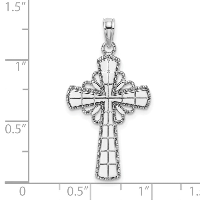 Million Charms 14K White Gold Themed With Beaded Edge & Grid Accent Relgious Cross Charm